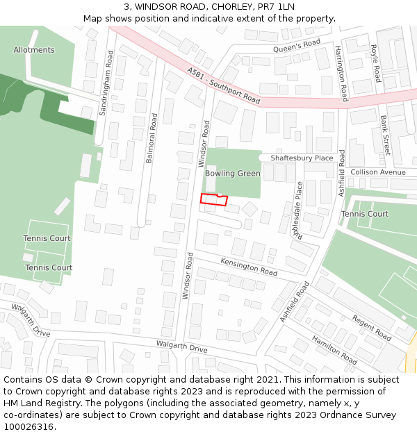 3, WINDSOR ROAD, CHORLEY, PR7 1LN: Location map and indicative extent of plot