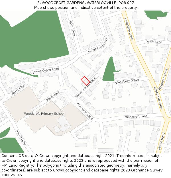 3, WOODCROFT GARDENS, WATERLOOVILLE, PO8 9PZ: Location map and indicative extent of plot