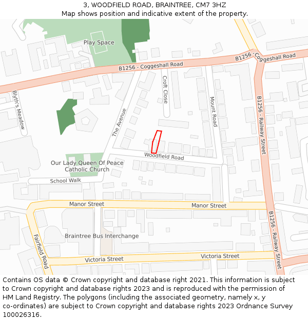 3, WOODFIELD ROAD, BRAINTREE, CM7 3HZ: Location map and indicative extent of plot