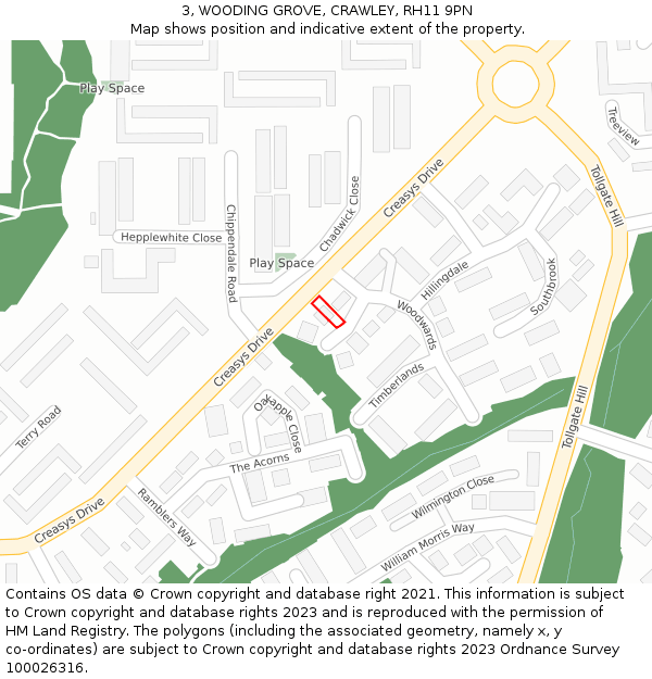 3, WOODING GROVE, CRAWLEY, RH11 9PN: Location map and indicative extent of plot