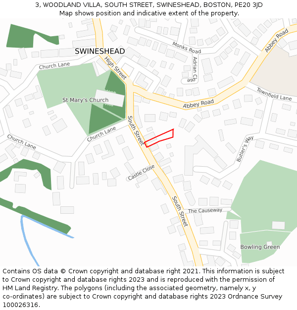 3, WOODLAND VILLA, SOUTH STREET, SWINESHEAD, BOSTON, PE20 3JD: Location map and indicative extent of plot