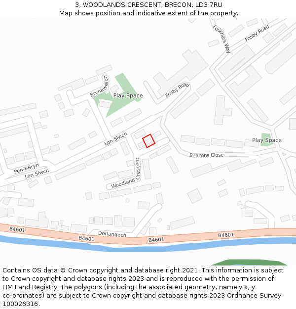 3, WOODLANDS CRESCENT, BRECON, LD3 7RU: Location map and indicative extent of plot