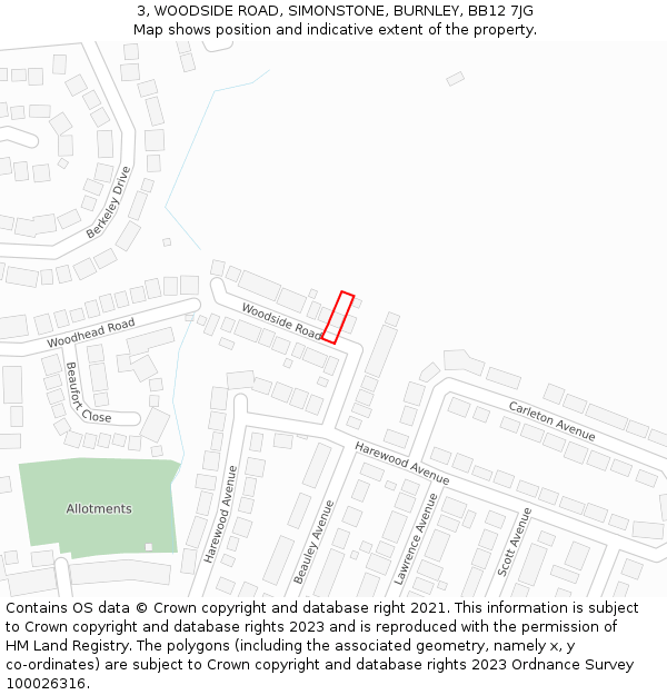 3, WOODSIDE ROAD, SIMONSTONE, BURNLEY, BB12 7JG: Location map and indicative extent of plot