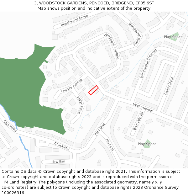 3, WOODSTOCK GARDENS, PENCOED, BRIDGEND, CF35 6ST: Location map and indicative extent of plot
