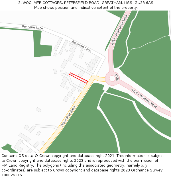 3, WOOLMER COTTAGES, PETERSFIELD ROAD, GREATHAM, LISS, GU33 6AS: Location map and indicative extent of plot
