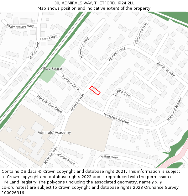30, ADMIRALS WAY, THETFORD, IP24 2LL: Location map and indicative extent of plot