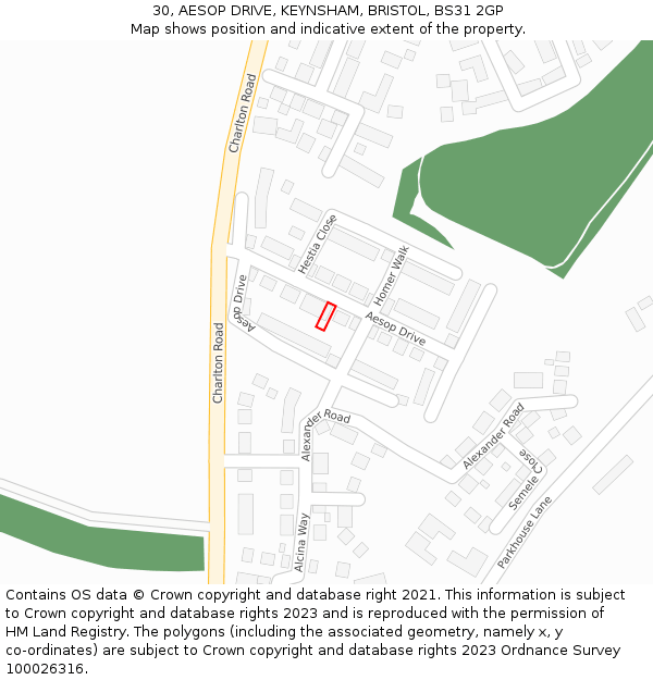 30, AESOP DRIVE, KEYNSHAM, BRISTOL, BS31 2GP: Location map and indicative extent of plot