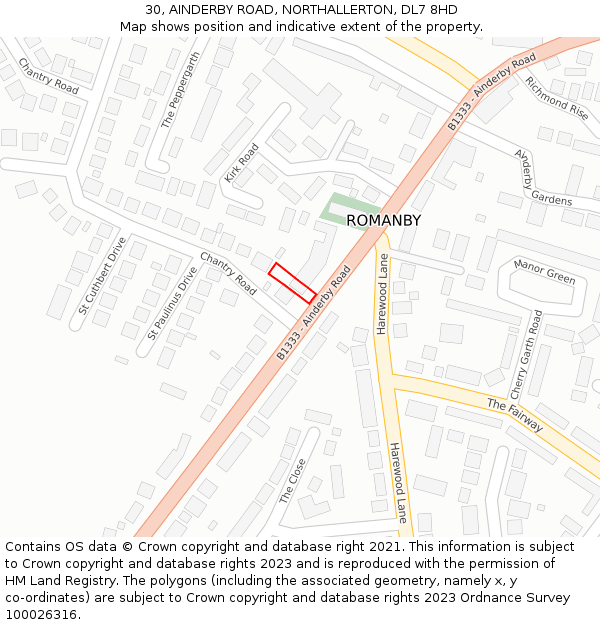 30, AINDERBY ROAD, NORTHALLERTON, DL7 8HD: Location map and indicative extent of plot