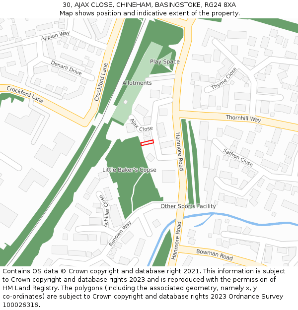 30, AJAX CLOSE, CHINEHAM, BASINGSTOKE, RG24 8XA: Location map and indicative extent of plot