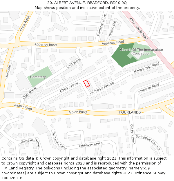 30, ALBERT AVENUE, BRADFORD, BD10 9QJ: Location map and indicative extent of plot
