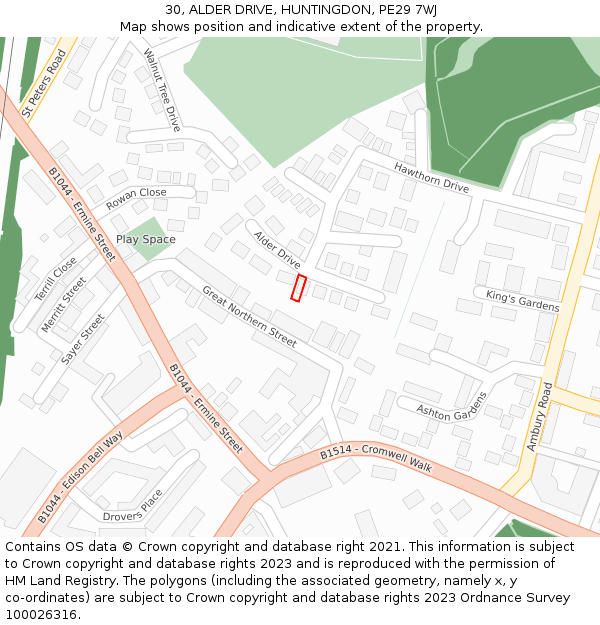 30, ALDER DRIVE, HUNTINGDON, PE29 7WJ: Location map and indicative extent of plot