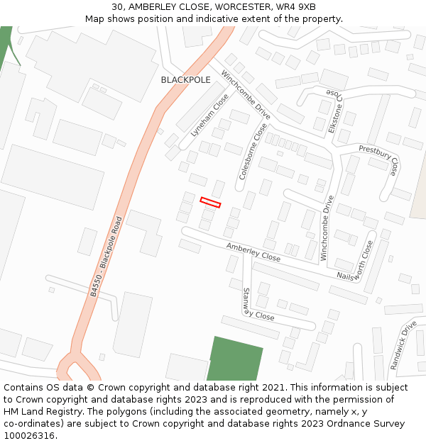 30, AMBERLEY CLOSE, WORCESTER, WR4 9XB: Location map and indicative extent of plot