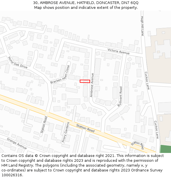 30, AMBROSE AVENUE, HATFIELD, DONCASTER, DN7 6QQ: Location map and indicative extent of plot