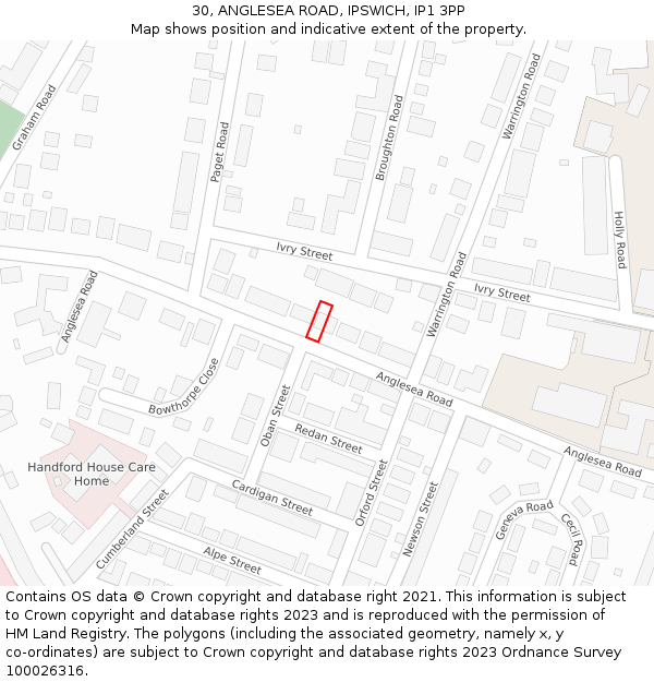 30, ANGLESEA ROAD, IPSWICH, IP1 3PP: Location map and indicative extent of plot