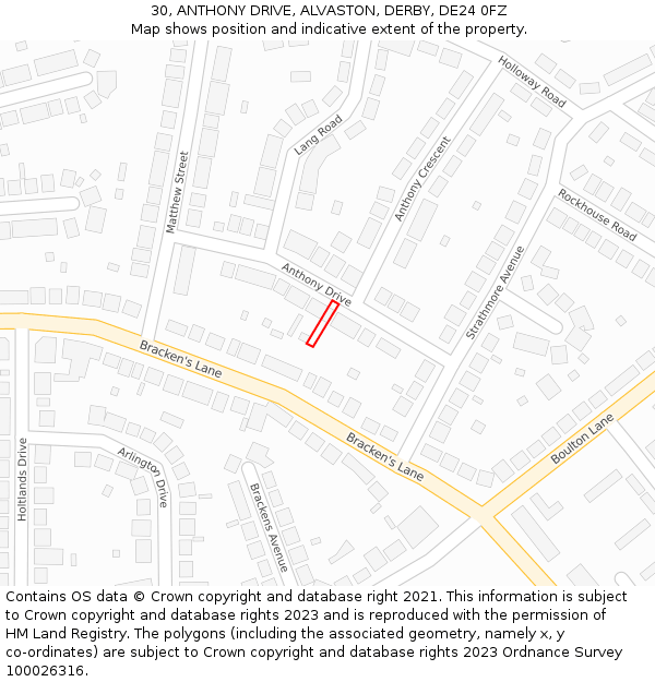 30, ANTHONY DRIVE, ALVASTON, DERBY, DE24 0FZ: Location map and indicative extent of plot