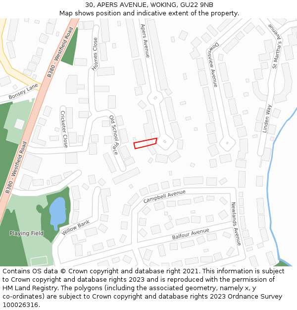 30, APERS AVENUE, WOKING, GU22 9NB: Location map and indicative extent of plot
