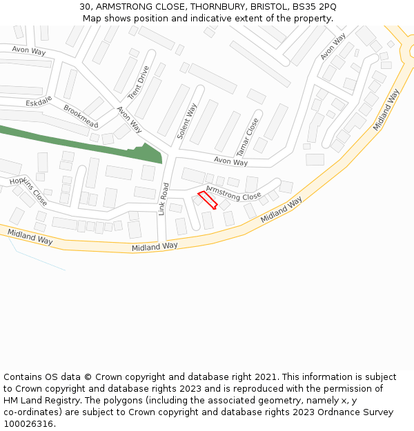 30, ARMSTRONG CLOSE, THORNBURY, BRISTOL, BS35 2PQ: Location map and indicative extent of plot