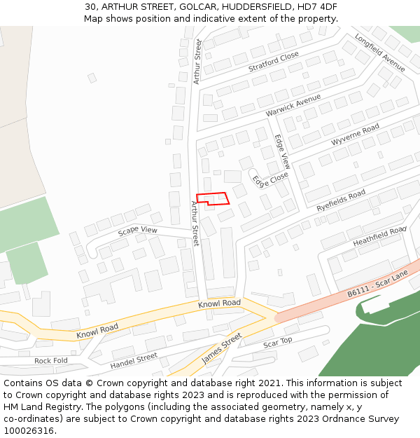 30, ARTHUR STREET, GOLCAR, HUDDERSFIELD, HD7 4DF: Location map and indicative extent of plot