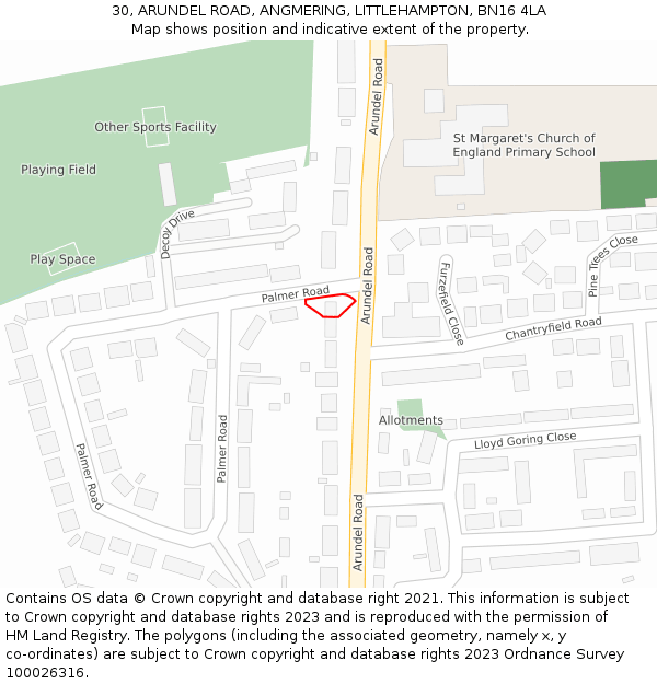 30, ARUNDEL ROAD, ANGMERING, LITTLEHAMPTON, BN16 4LA: Location map and indicative extent of plot