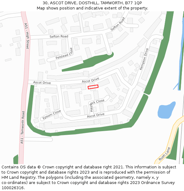 30, ASCOT DRIVE, DOSTHILL, TAMWORTH, B77 1QP: Location map and indicative extent of plot