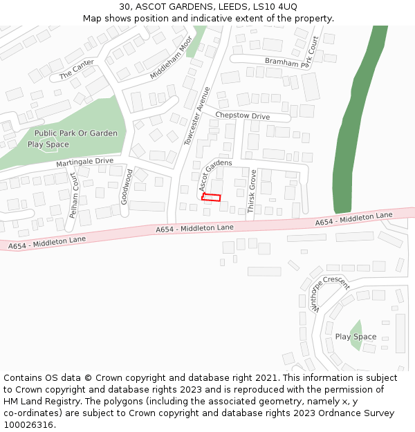 30, ASCOT GARDENS, LEEDS, LS10 4UQ: Location map and indicative extent of plot