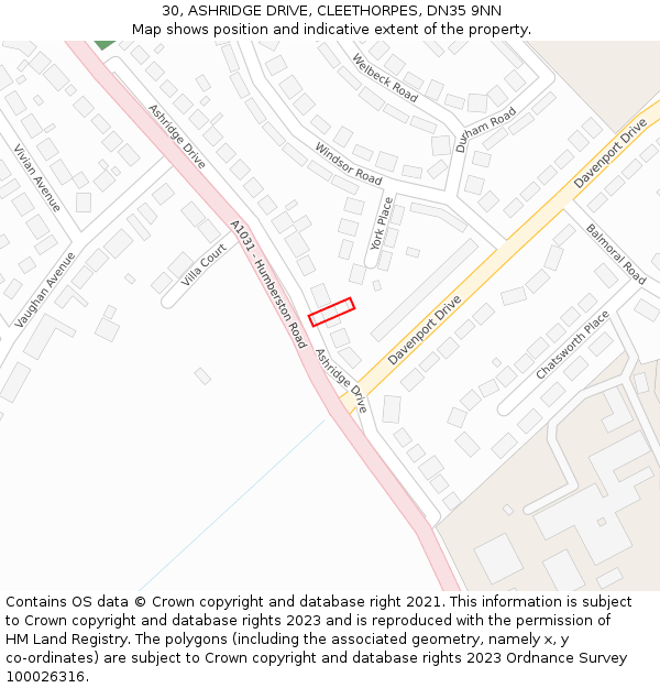 30, ASHRIDGE DRIVE, CLEETHORPES, DN35 9NN: Location map and indicative extent of plot
