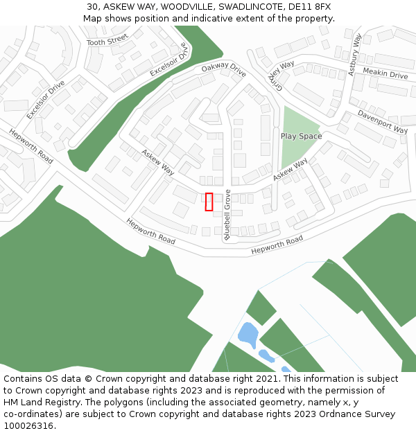 30, ASKEW WAY, WOODVILLE, SWADLINCOTE, DE11 8FX: Location map and indicative extent of plot