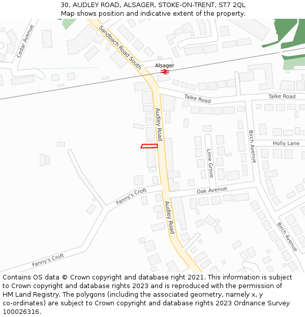 30, AUDLEY ROAD, ALSAGER, STOKE-ON-TRENT, ST7 2QL: Location map and indicative extent of plot