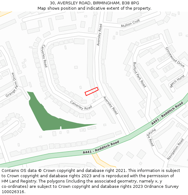 30, AVERSLEY ROAD, BIRMINGHAM, B38 8PG: Location map and indicative extent of plot