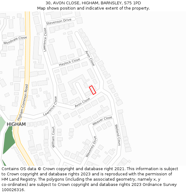 30, AVON CLOSE, HIGHAM, BARNSLEY, S75 1PD: Location map and indicative extent of plot