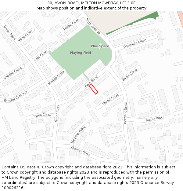 30, AVON ROAD, MELTON MOWBRAY, LE13 0EJ: Location map and indicative extent of plot
