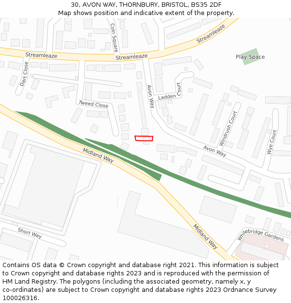30, AVON WAY, THORNBURY, BRISTOL, BS35 2DF: Location map and indicative extent of plot