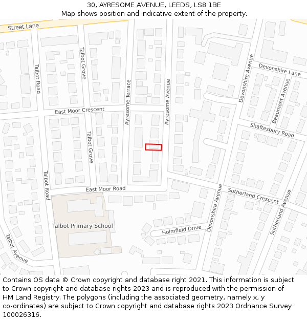 30, AYRESOME AVENUE, LEEDS, LS8 1BE: Location map and indicative extent of plot
