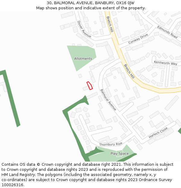 30, BALMORAL AVENUE, BANBURY, OX16 0JW: Location map and indicative extent of plot