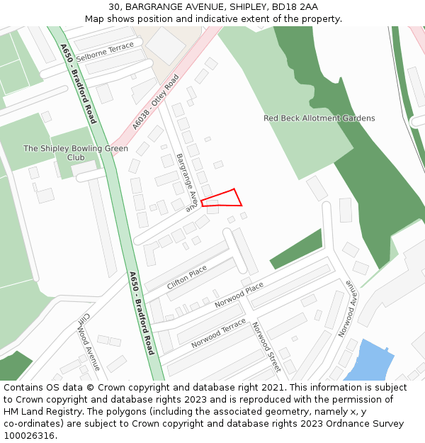 30, BARGRANGE AVENUE, SHIPLEY, BD18 2AA: Location map and indicative extent of plot