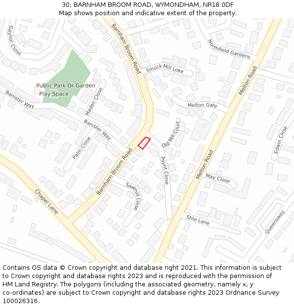 30, BARNHAM BROOM ROAD, WYMONDHAM, NR18 0DF: Location map and indicative extent of plot
