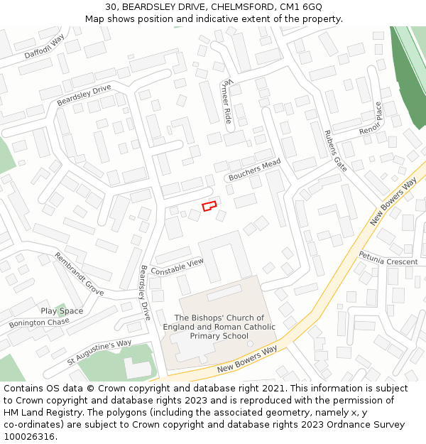 30, BEARDSLEY DRIVE, CHELMSFORD, CM1 6GQ: Location map and indicative extent of plot