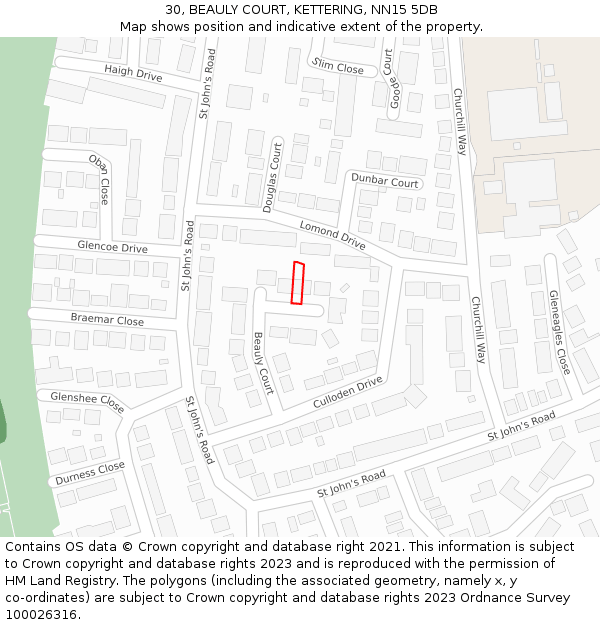 30, BEAULY COURT, KETTERING, NN15 5DB: Location map and indicative extent of plot