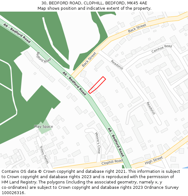 30, BEDFORD ROAD, CLOPHILL, BEDFORD, MK45 4AE: Location map and indicative extent of plot