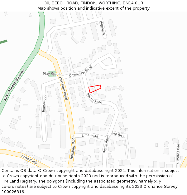 30, BEECH ROAD, FINDON, WORTHING, BN14 0UR: Location map and indicative extent of plot