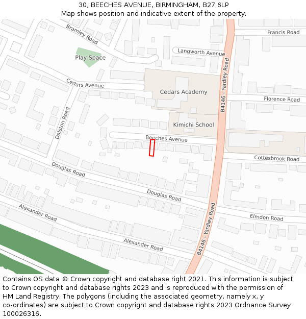 30, BEECHES AVENUE, BIRMINGHAM, B27 6LP: Location map and indicative extent of plot