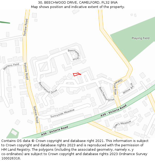 30, BEECHWOOD DRIVE, CAMELFORD, PL32 9NA: Location map and indicative extent of plot