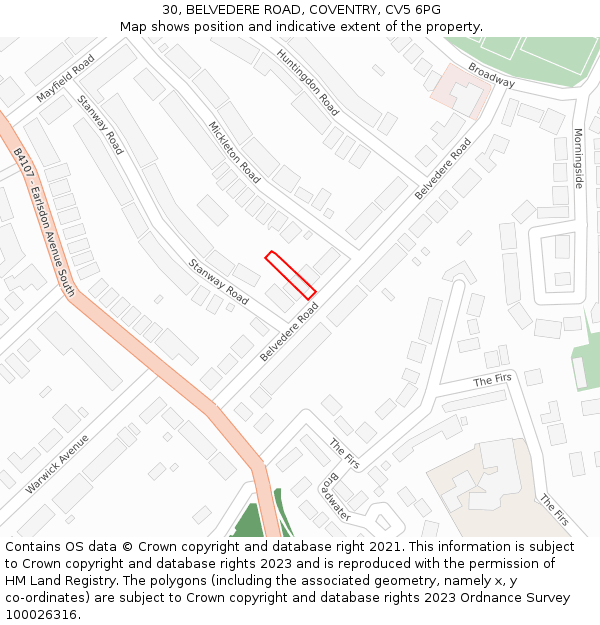 30, BELVEDERE ROAD, COVENTRY, CV5 6PG: Location map and indicative extent of plot