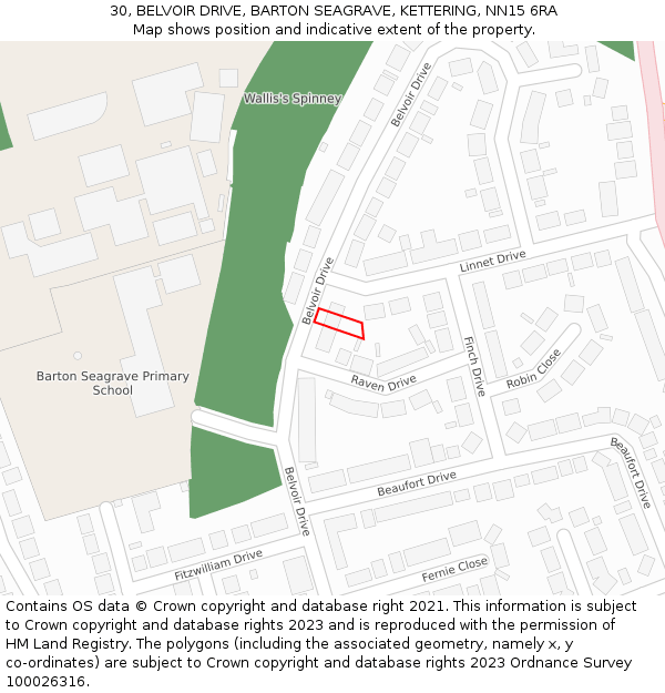 30, BELVOIR DRIVE, BARTON SEAGRAVE, KETTERING, NN15 6RA: Location map and indicative extent of plot