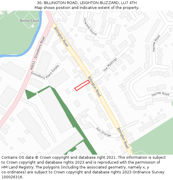 30, BILLINGTON ROAD, LEIGHTON BUZZARD, LU7 4TH: Location map and indicative extent of plot