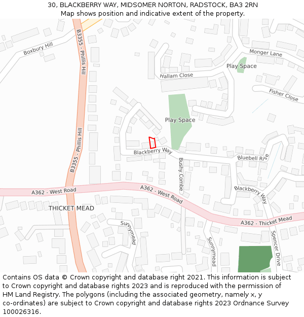 30, BLACKBERRY WAY, MIDSOMER NORTON, RADSTOCK, BA3 2RN: Location map and indicative extent of plot