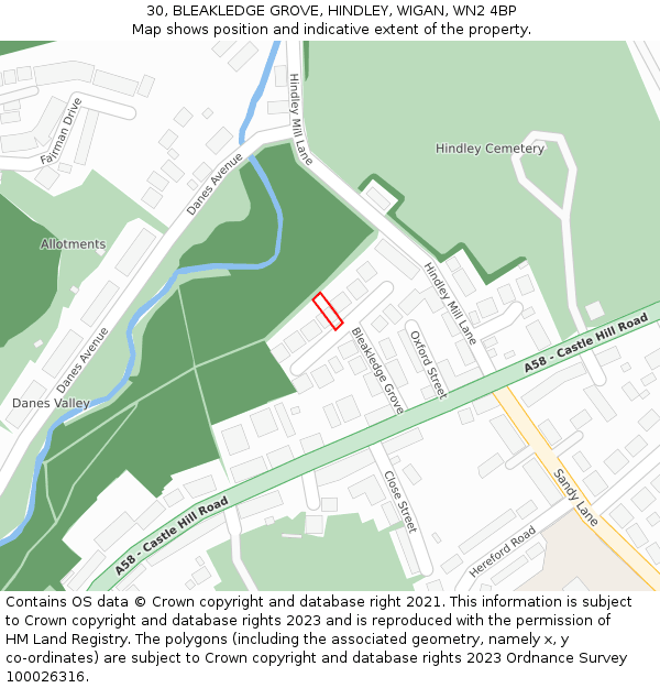 30, BLEAKLEDGE GROVE, HINDLEY, WIGAN, WN2 4BP: Location map and indicative extent of plot