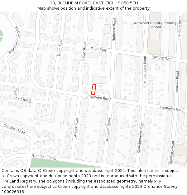 30, BLENHEIM ROAD, EASTLEIGH, SO50 5EU: Location map and indicative extent of plot