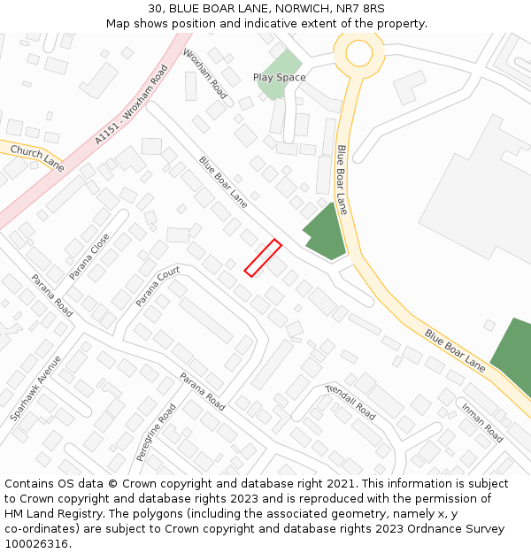 30, BLUE BOAR LANE, NORWICH, NR7 8RS: Location map and indicative extent of plot