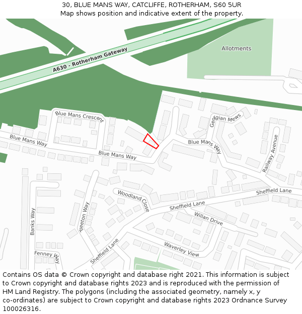 30, BLUE MANS WAY, CATCLIFFE, ROTHERHAM, S60 5UR: Location map and indicative extent of plot